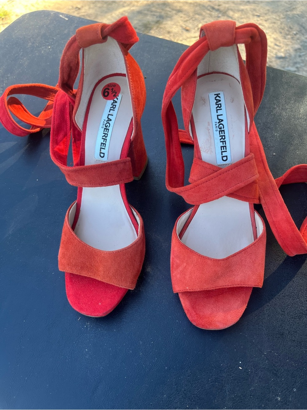 Karl Lagerfeld Orange-Red Suede Wrap Sandals